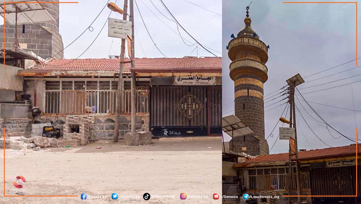 الجامع العمري في مدينة طفس في ريف محافظة درعا الغربي مع المئذنة